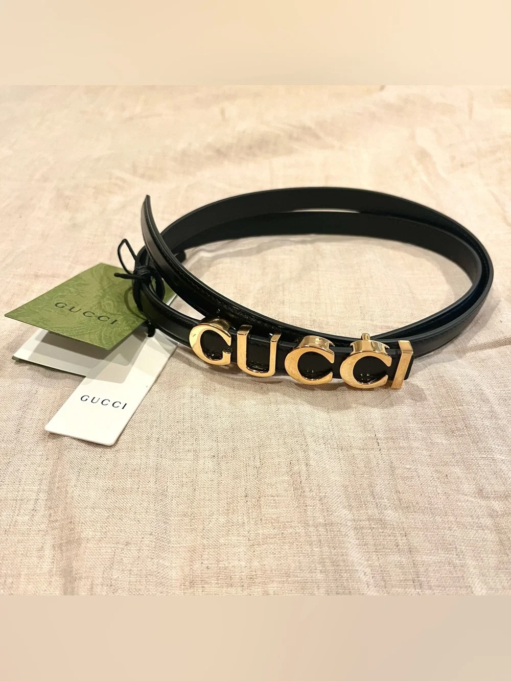 Gucci $690 Gold Brand Logo Leather Belt, Size 95